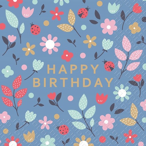 [60700469] STEWO SERVIETTE 33X33CM BLEU HAPPY BIRTHDAY AVEC FLEURS PAQUET DE 20PCES