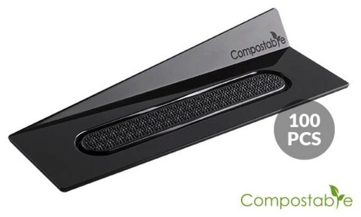 [51657226] RECTANGULAR BLACK PLATE/TRAY 140 X 40MM COMPOSTABLE 100PCS