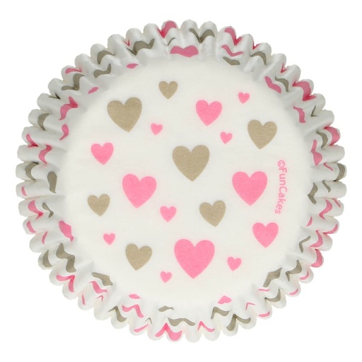 [08053737] FUNCAKES CAISSETTE CUPCAKE BLANCHE COEUR ROSE/OR 48 PCES FOST+ INCLUS