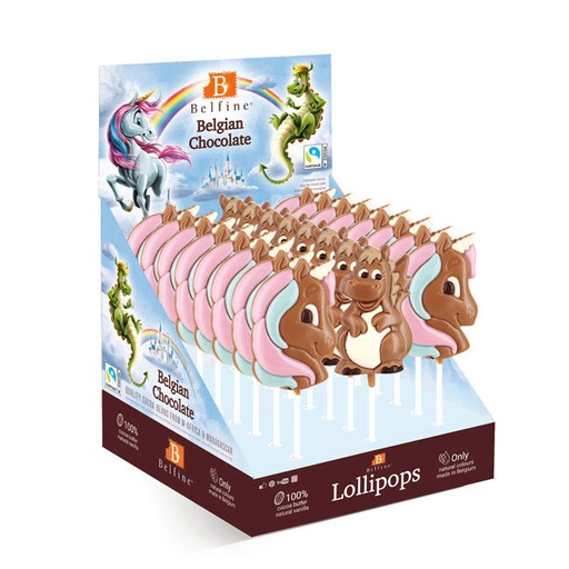 [13030382] CHOCOLATE LOLLIPOPS 16 X UNICORN IMANE AND 8 X DRAGONS ELIOT COLOURED MILK 24 X 35GR