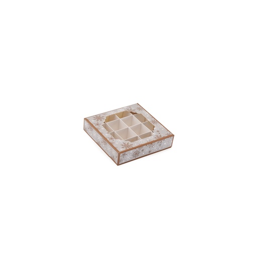 [60700715] BOITE GRISE FLOCONS OR 16 PRALINES 150X150X30MM