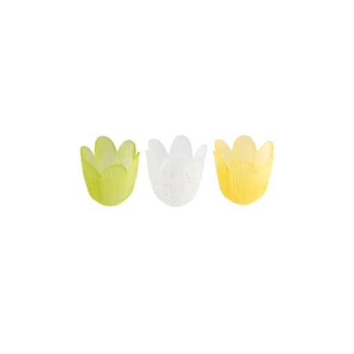 [61700541] PHOTOPHORE TULIPE PASTEL GIVRE BLANC/JAUNE/VERT Ø8CM H7,5CM 3ASS