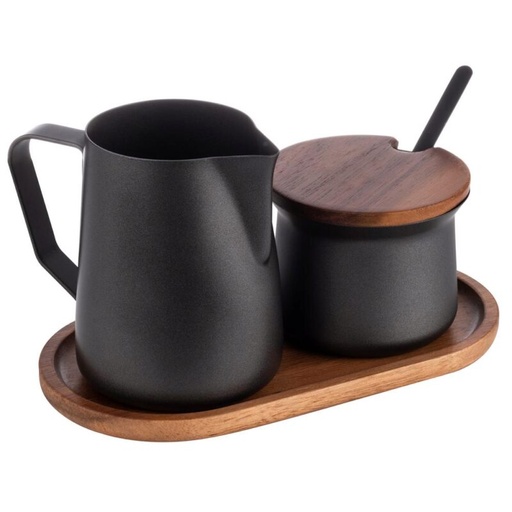 [60251535] APS "BARISTA" SET SUCRIER/CREMIER + PLATEAU ACACIA 19X10CM 