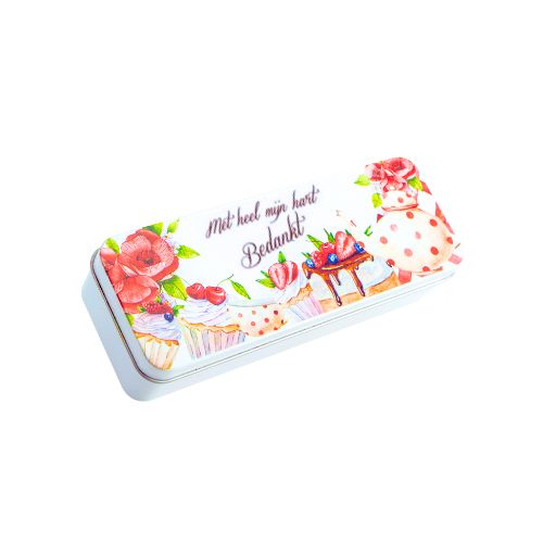 [61700504] BOITE METAL PLUMIER CUPCAKES "MET HEEL MIJN HART BEDANKT" 19X7XH4,2CM