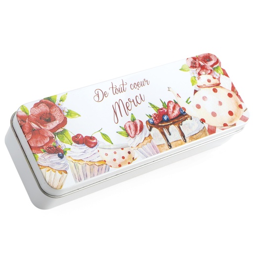 [61700503] BOITE METAL PLUMIER CUPCAKES "DE TOUT COEUR MERCI" 19X7XH4,2CM