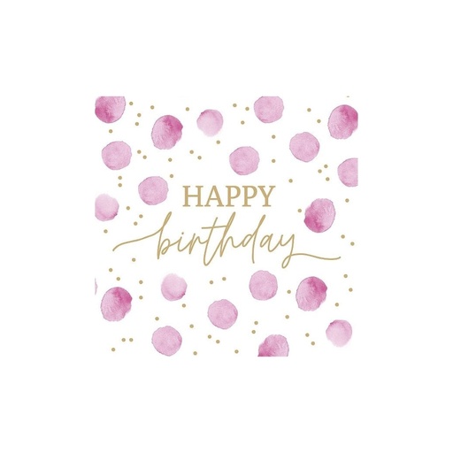 [60700818] ARTEBENE SERVIETTE 33X33CM HAPPY BIRTHDAY DOTS ROSE 20PCS