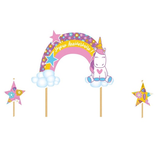 [08075564] CAKE TOPPER JOYEUX ANNIVERSAIRE LICORNE  3PCES