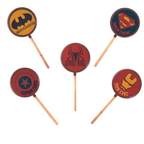 [08057259] 087034 PCB BLISTERS LOLLIPOPS SUPER HEROES & STICKS 45EMPR. 5DESIGNS Ø5,5CM 9STKS ***OP/ORDER***