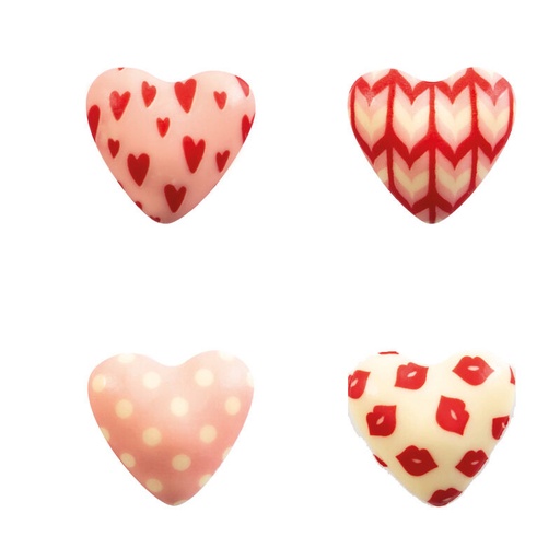 [08053857] 2068347 CŒUR BOMBE ROUGE/ROSE/BLANC 4 ASS 3CM CHOCOLAT BLANC 72 PCES