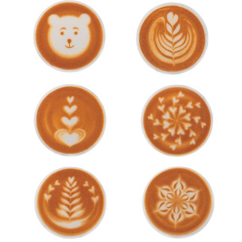 [08056927] 087007 PCB RONDS GUIMAUVE CAFÉ LATTE 6 DESIGNS Ø 4CM  120PCES ***S/CDE***