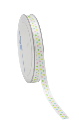 [61700487] SATIN RIBBON “SPRING DOTS” WHITE 10MMX25M FOST+ INCLUDED
