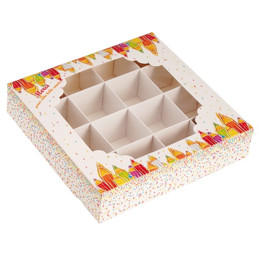 [60700733] DOOS "POTLODEN MERCI" 16 PRALINES 15X15X3,5CM