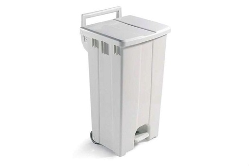 [70409907] WITTE VUILNISBAK MET DEKSEL - 90L MET PEDAAL + 2 WIELEN