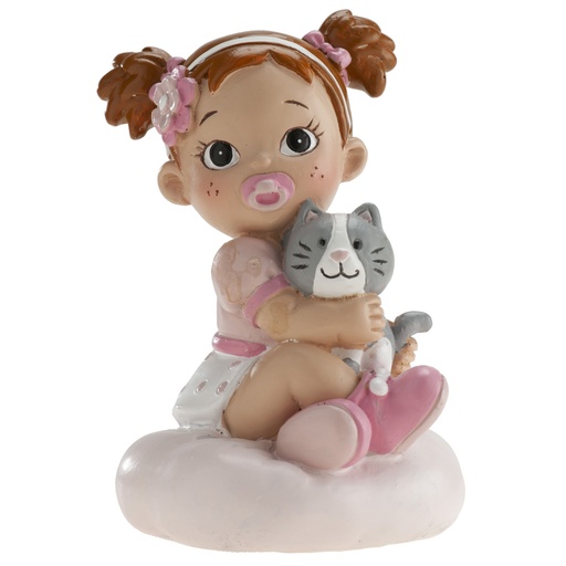 [08041906] FIGURINE BEBE FILLE ASSISE AVEC CHAT 10CM