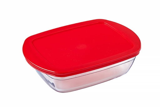 [74500900] PYREX O CUISINE BOÎTE DE CONSERVATION RECTANGULAIRE 28 x 20CM HT 8CM EN VERRE BOROSILICATE 2,5L AVEC COUVERCLE ROUGE