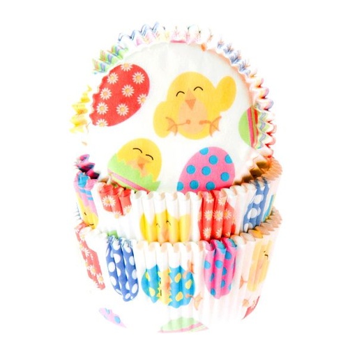 [08053740] H.O.M CAISSETTE CUPCAKE PAQUES OEUF/POUSSIN COLORE 50 PCES