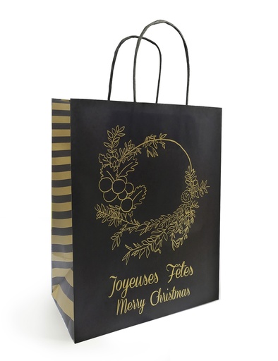 [41603127] ZWARTE KRAFT PAPIEREN ZAK "KROON" JOYEUSES FÊTES26X12X32CM PAK VAN 50 STUKS