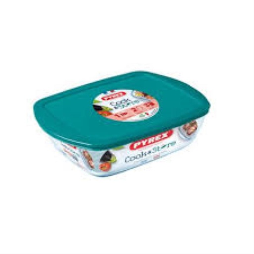 [60250768] PYREX COOK&STORE SQUARE DISH 25 X 22CM - H 7CM IN BOROSILICATE GLASS 2.2L WITH GREEN LID