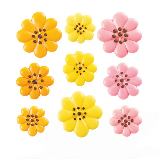 [08053997]  1034375 ROZE/GELE/ORANJE BLOEMEN Ø 25-30-35MM IN CHOCOLADE 162 STUKS ***OP BESTELLING***