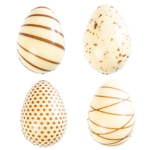 [08053883] 2069480 3D EIEREN LIJN/PUNT/VLEKKENPATROON 38X24MM 6 ASSORTIMENT WITTE CHOCOLADE 96 STUKS