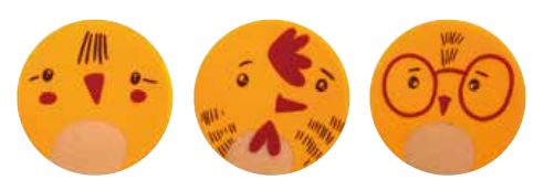 [08056921] 061003 PCB RONDS CBC POULETTES 3 DESIGNS Ø 2,5 CM 120PCES ***S/CD***