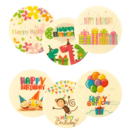 [08054324] 2067249 ASSORTIMENT PLAQUETTE HAPPY BIRTHDAY COLORERONDE CHOCOLAT BLANC 75MM 30 PCES