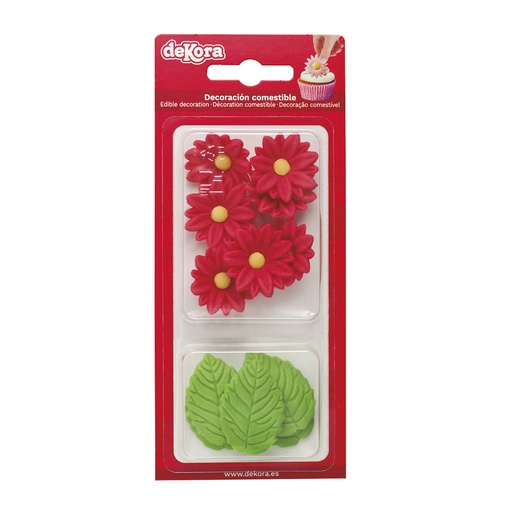 [08041092] 7 RED DAISIES AND 5 GREEN LEAVES IN SUGAR