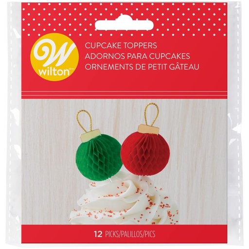 [08053720] WILTON CAKE TOPPER BOULE DE NOEL VERTE ET ROUGE +- 7.5CM 12 PCES