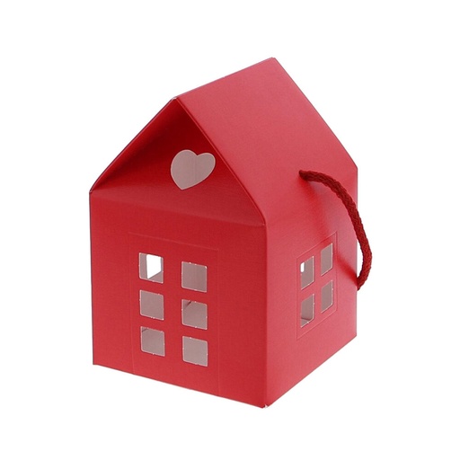[62230152] RED AND WHITE HOUSE CARDBOARD BOX WITH ROPE 12X12XH12/17CM