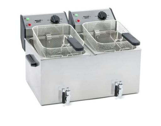 [62250228] ROLLER GRILL DOUBLE FRYER WITH TAP 2X8L 2X230V