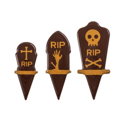 [08054386] 2017011 CHOCOLATE TOMBSTONE PLATE TO STICK HT 57-67-77MM 105 PIECES ***S/CD***