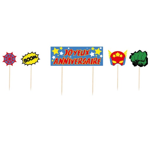[08075567] CAKE TOPPER JOYEUX ANNIVERSAIRE SUPER HEROS  3PCES