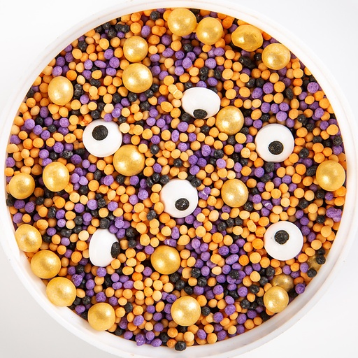 [08082236] 1091126 MIX DECORATION HALLOWEEN VIOLET/ORANGE/NOIR/OR AVEC YEUX 600 G POT