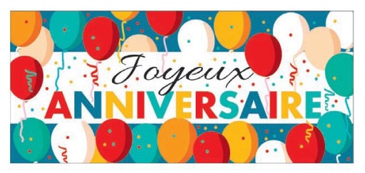 [08050460] 25432P RECHTHOEKIGE WAFER JOYEUX ANNIVERSAIRE MET KLEURRIJKE BALLONNEN 105x45MM 24 STUKS