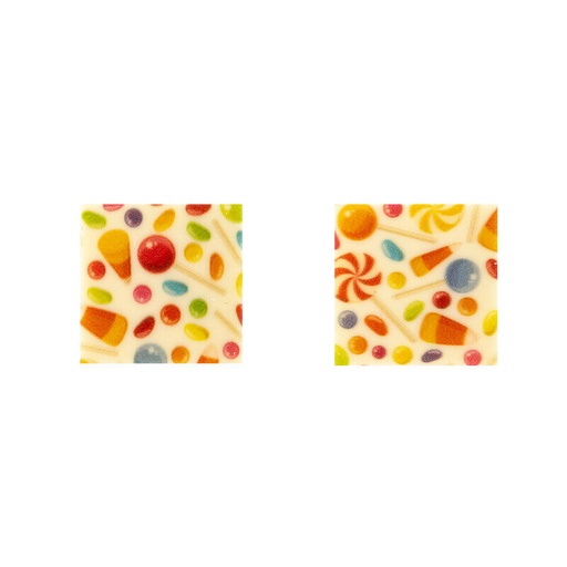 [08053873] 2052213 VIERKANTE VERPAKKING GEKLEURDE SNOEPJES 3 CM WITTE CHOCOLADE 220 STUKS ***OP BESTELLING***