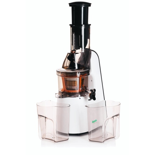 [57659246] DEJELIN EXTRACTEUR DE JUS BLANC VERTICAL ROTATION LENTE 60 TOURS MINUTE - OUVERTURE 7.5CM - 3 TAMIS - DSLJ100B