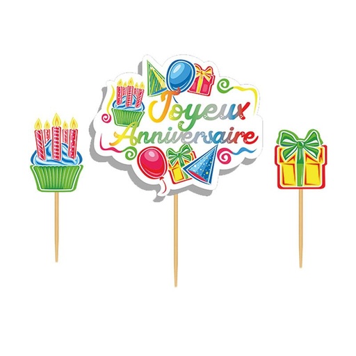 [08075554] CAKE TOPPER JOYEUX ANNIVERSAIRE ENFANTIN 3PCES