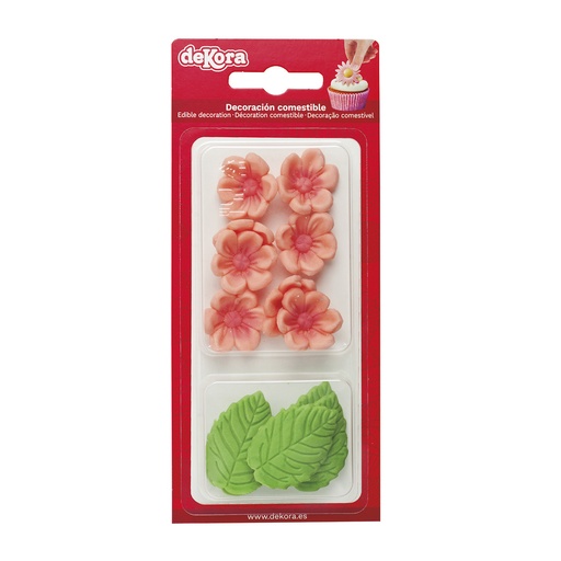 [08041095] 8 ROZE BLOEMEN EN 5 GROENE BLADEREN IN SUIKER