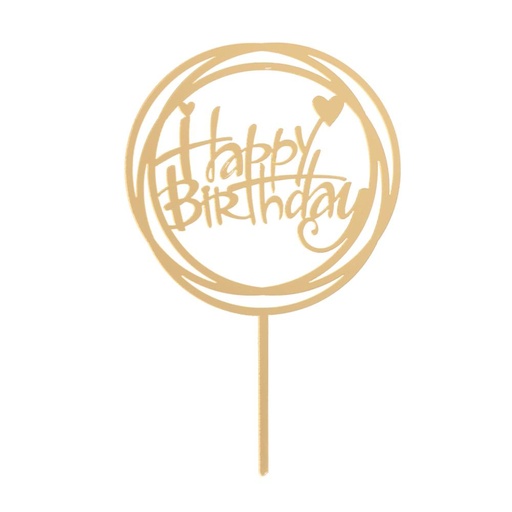 [08041533] CAKE TOPPER HAPPY BIRTHAY ROUND GOLD 15.4X10CM