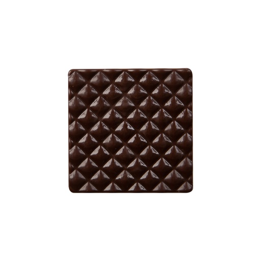 [08054643] 15638 VIERKANT MET KUSSENMOTIEF ZWARTE CHOCOLADE 5X5CM 75PCES ***OP/ORDER***