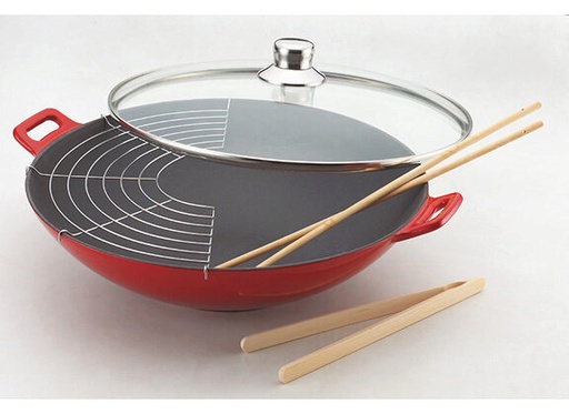 [60251719] BAUMALU WOK GIETIJZER 36CM ROOD MET GLAZEN DEKSEL