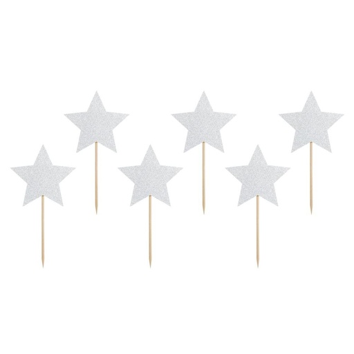 [08053805] CAKE TOPPER ETOILE ARGENTEE HT 11.5CM 6 PCES