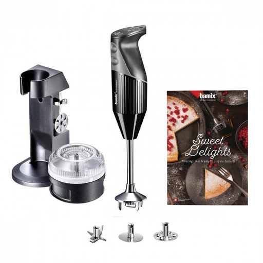 [60250783] BAMIX "SWEET DELIGHTS" SET M200 BLACK 200W 13.5CM ROD + 3 BLADES + PROCESSOR + BOOK