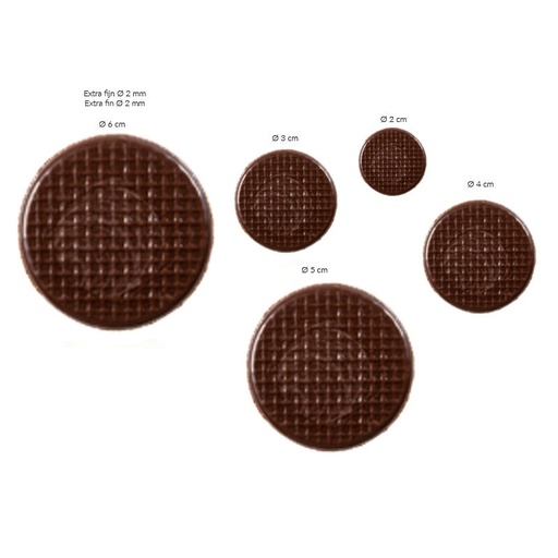 [08053890] 2034334 ROUND RELIEF PLATE ASSORTMENT 2CM TO 6CM DARK CHOCOLATE 75 PCES ***ON ORDER***
