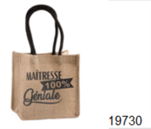 [60100459] SAC JUTE "MAITRESSE 100 GENIALE" AVEC ANSES20X15XHT20CM