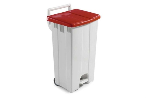 [70409910] POUBELLE AVEC COUVERCLE ROUGE-90L A/PEDALE+2 ROUES