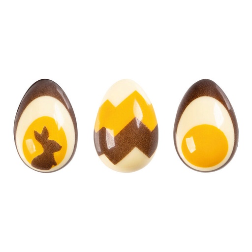 [08053886] 2069094 3D EGGS YELLOW/BROWN 38X24MM 3 ASSORTMENT WHITE CHOCOLATE 96 PCES ***ON/ORDER***