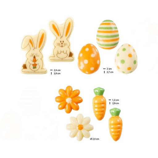 [08053924] 2069136 ASS DECORS PÂQUES LAPINS/ŒUFS/FLEURS/CAROTTES CHOCOLAT BLANC 180SETS PCES