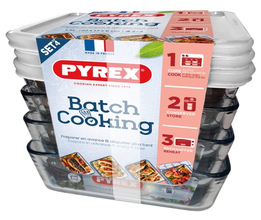 [60251621] PYREX COOK&FREEZ SET DE 4 BOÎTES DE CONSERVATION RECTANGULAIRES 22 x 17CM HT 6CM EN VERRE BOROSILICATE 1,5L -40 À +300°C