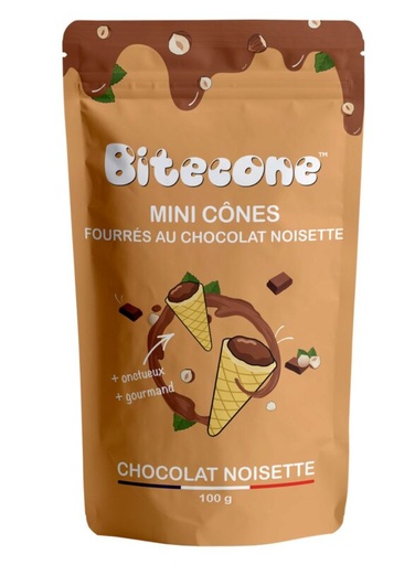 [08055552] BITECONE MINI HOORN GEVULD MET CHOCOLADE HAZELNOOT 12% 100GR